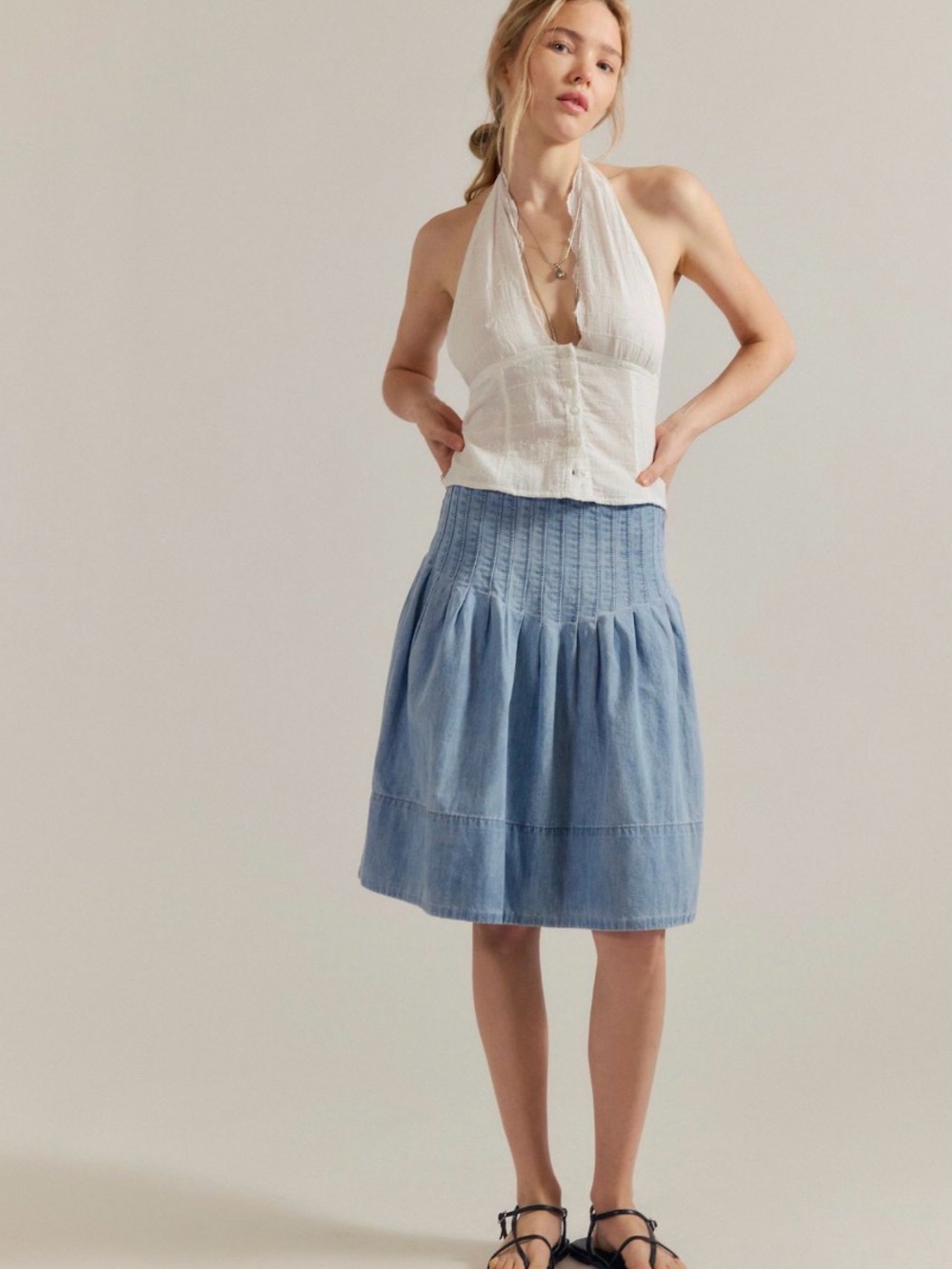 Free People We The Free Peyton Pintuck Denim Midi Skirt NWT